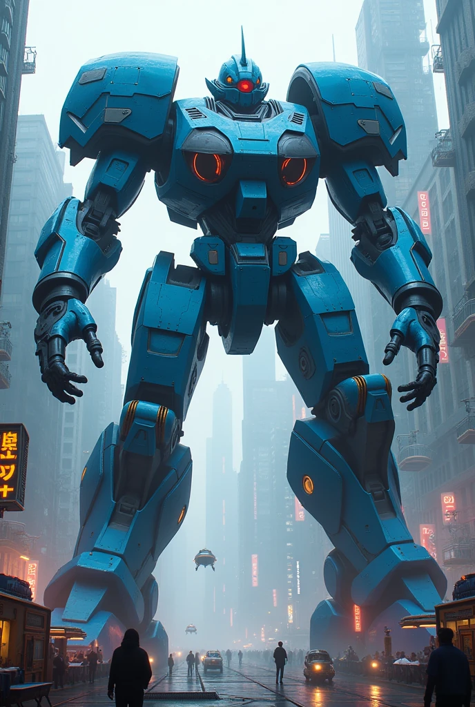 Gaint robot,blue color,cyberpunk,city,attack mode,