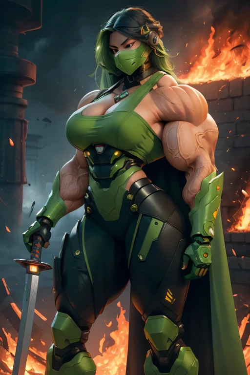 (((Close-up))), tall, (green hair), beautiful muscular cybernetic female ninja, (long curvy hair), black lipstick, brown skinned, closed smile, large breast, (massive muscles), (hyper muscle), (((ginormous bulky muscles))), orange eyes, (ninja mask), ((green cybernetic ninja armor suit)), (green cape), ((green cybernetic ninja armor pants)), choker, cybernetic boots, ((holding a massive fire sword)), (in front of a burning castle),