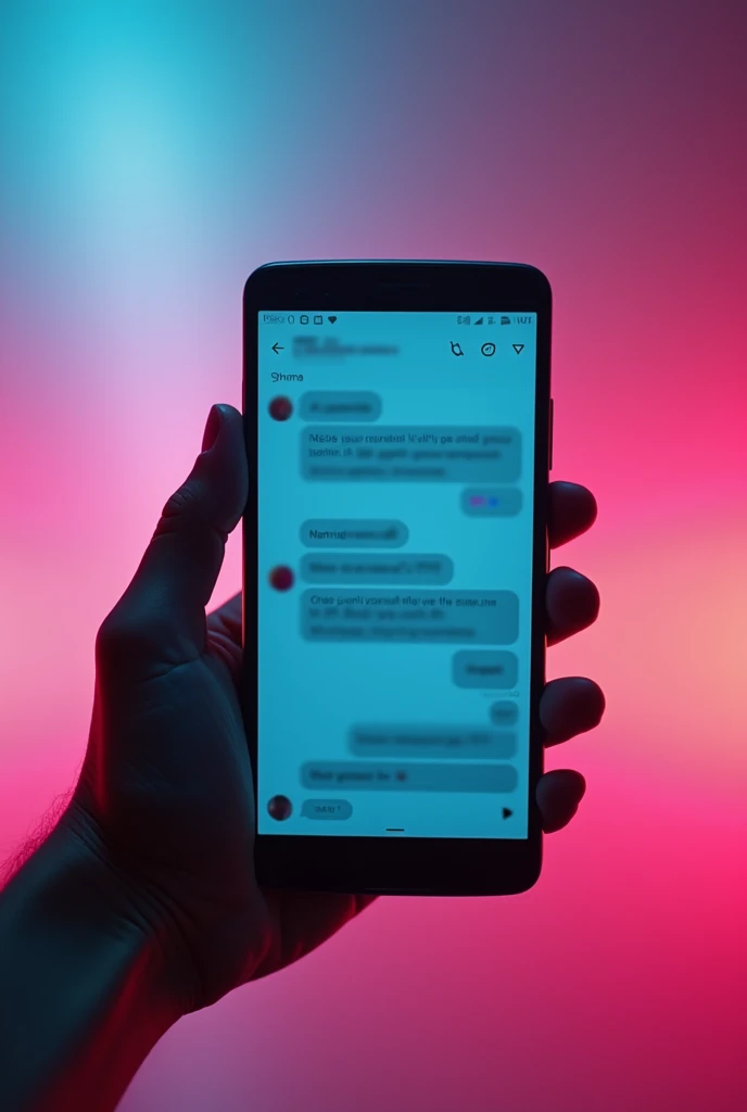 generate a nice gradient background with smartphone which has a leaked chat on the phone don't add hand blend the image and also include a blur image in the phone Chat