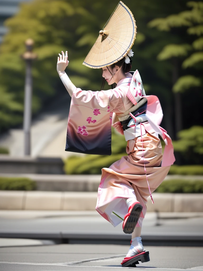 Photo-realistic quality、A woman wearing a pale pink kimono and a hat is in the park, traditional Japanese kimono, A professional masterpiece, Beautiful images, Japanese Model, Traditional Japanese Kimono Japanese Bon Odori,A soft and gentle look、Woman dancing Awa Odori、White Arms、Wearing black clogs