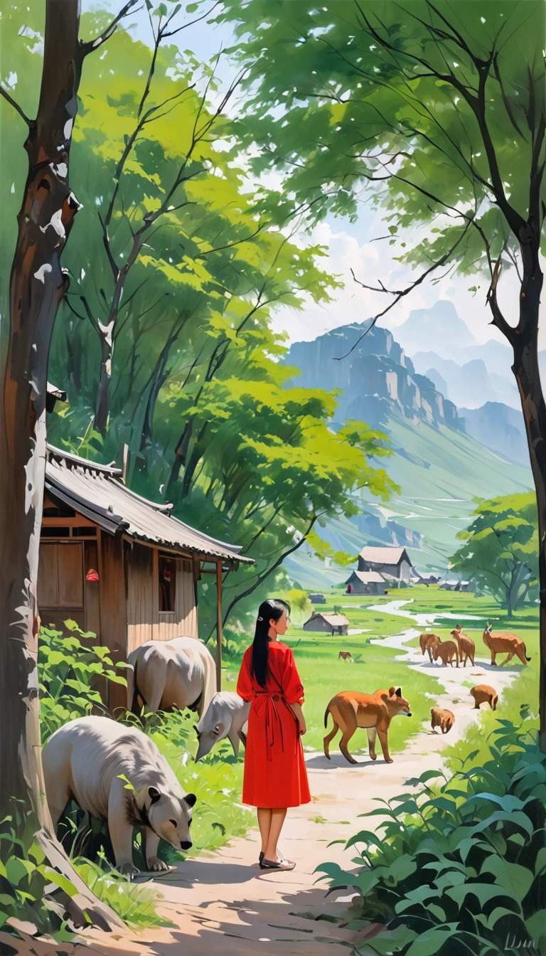 artist by Liu Xiaodong,inside the village,wild animals,light tones,(smooth strokes),fine sketches,Vivid,Moody,Landscapes,Fantasy,Dark,landscape oil painting, red and green colors