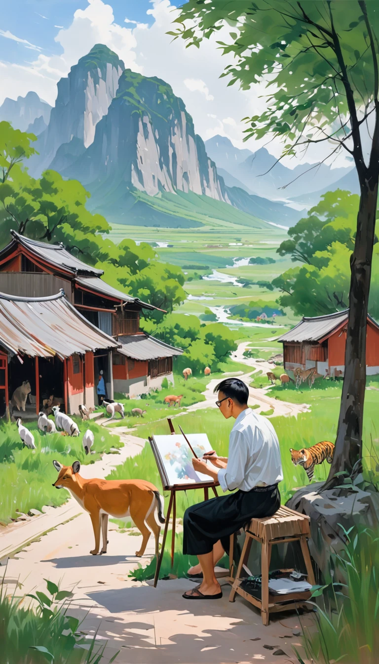 artist by Liu Xiaodong,inside the village,wild animals,light tones,(smooth strokes),fine sketches,Vivid,Moody,Landscapes,Fantasy,Dark,landscape oil painting, red and green colors