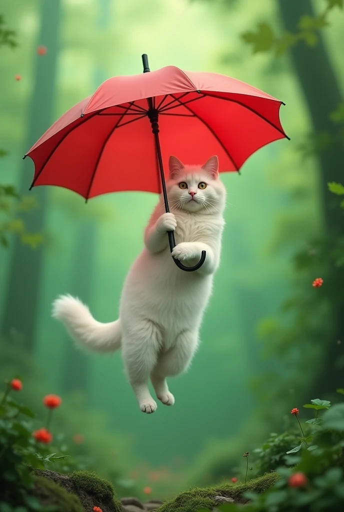A white cat in air with red umbrella in air and  green background 
