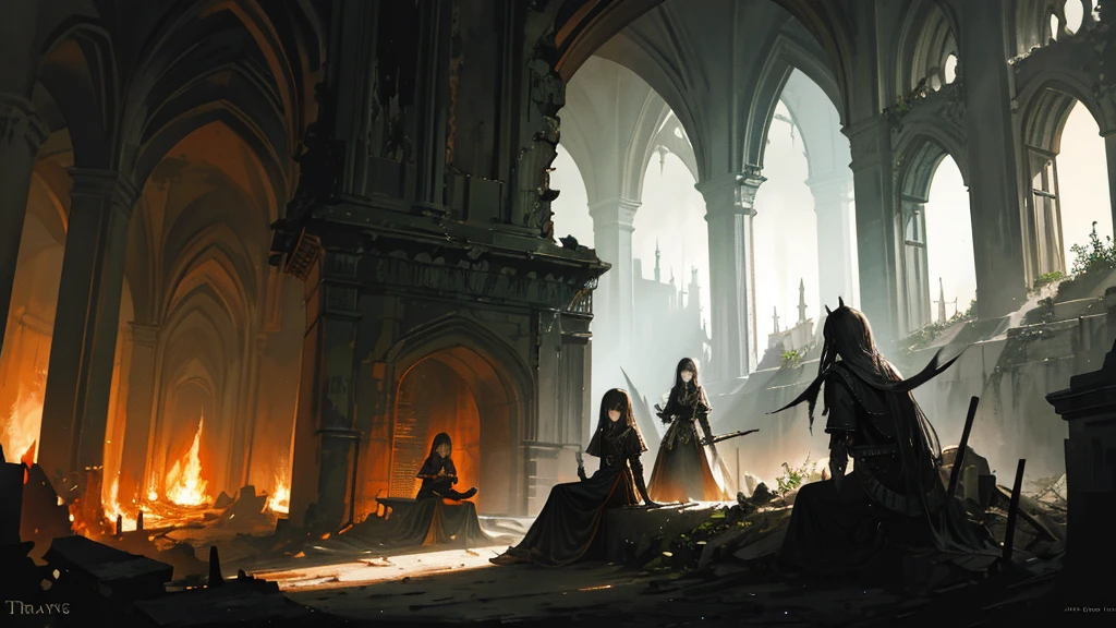 Dark art, dark fantasy art, deep lighting, highly detailed shadows, small group of travellers sits behind bonfire, massive ruins, abandoned ruins, highly detailed art, highly detailed