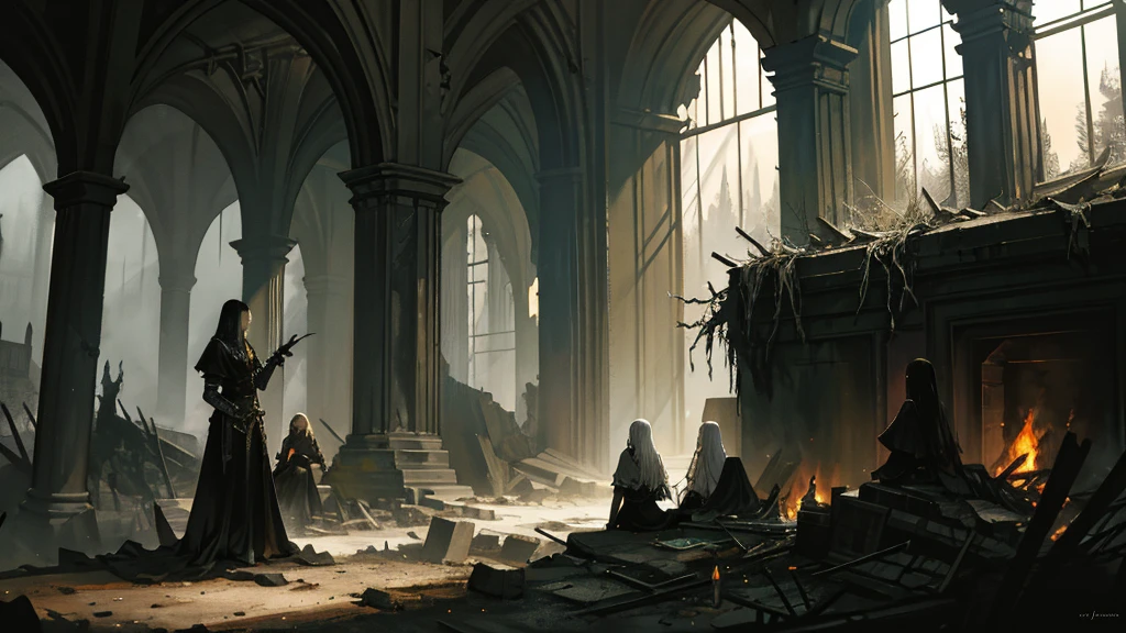 Dark art, dark fantasy art, deep lighting, highly detailed shadows, small group of travellers sits behind bonfire, massive ruins, abandoned ruins, highly detailed art, highly detailed