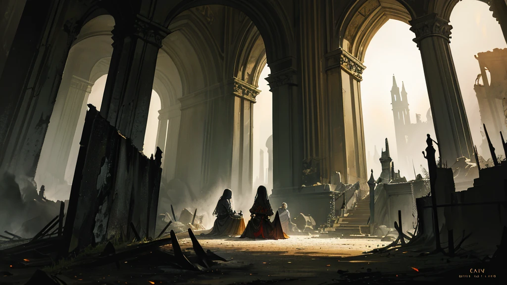 Dark art, dark fantasy art, deep lighting, highly detailed shadows, small group of travellers sits behind bonfire, massive ruins, abandoned ruins, highly detailed art, highly detailed