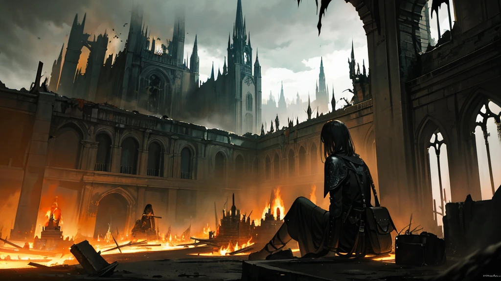 Dark art, dark fantasy art, deep lighting, highly detailed shadows, small group of travellers sits behind bonfire, massive ruins, abandoned ruins, highly detailed art, highly detailed