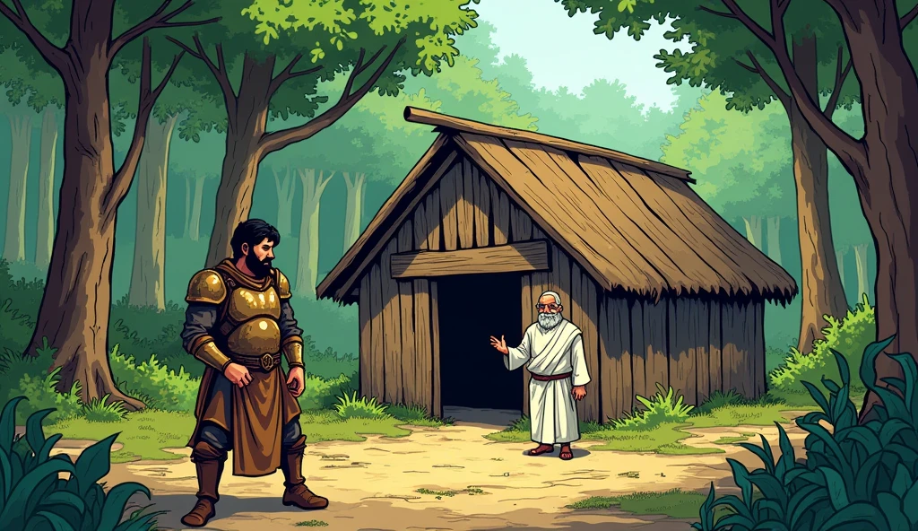 Arav Arrives at Sage Bhaskar’s Hut
Description: A comic-style image of Arav standing in front of Sage Bhaskar’s simple wooden hut. The sage, an elderly man with a serene expression, is dressed in white robes and is welcoming Arav with a warm smile. Arav, still in his bronze armor, looks relieved to have found the sage. The hut is surrounded by tall trees, with a calm and peaceful atmosphere.