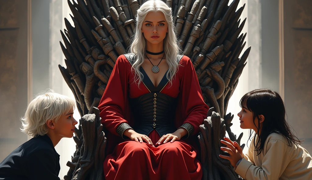 a queen with a crown smiling with slightly dark white hair and a defined face of a young man with a defined face years old red and black clothes on the iron throne and two children with white hair and one with white hair and dark skin playing on the floor