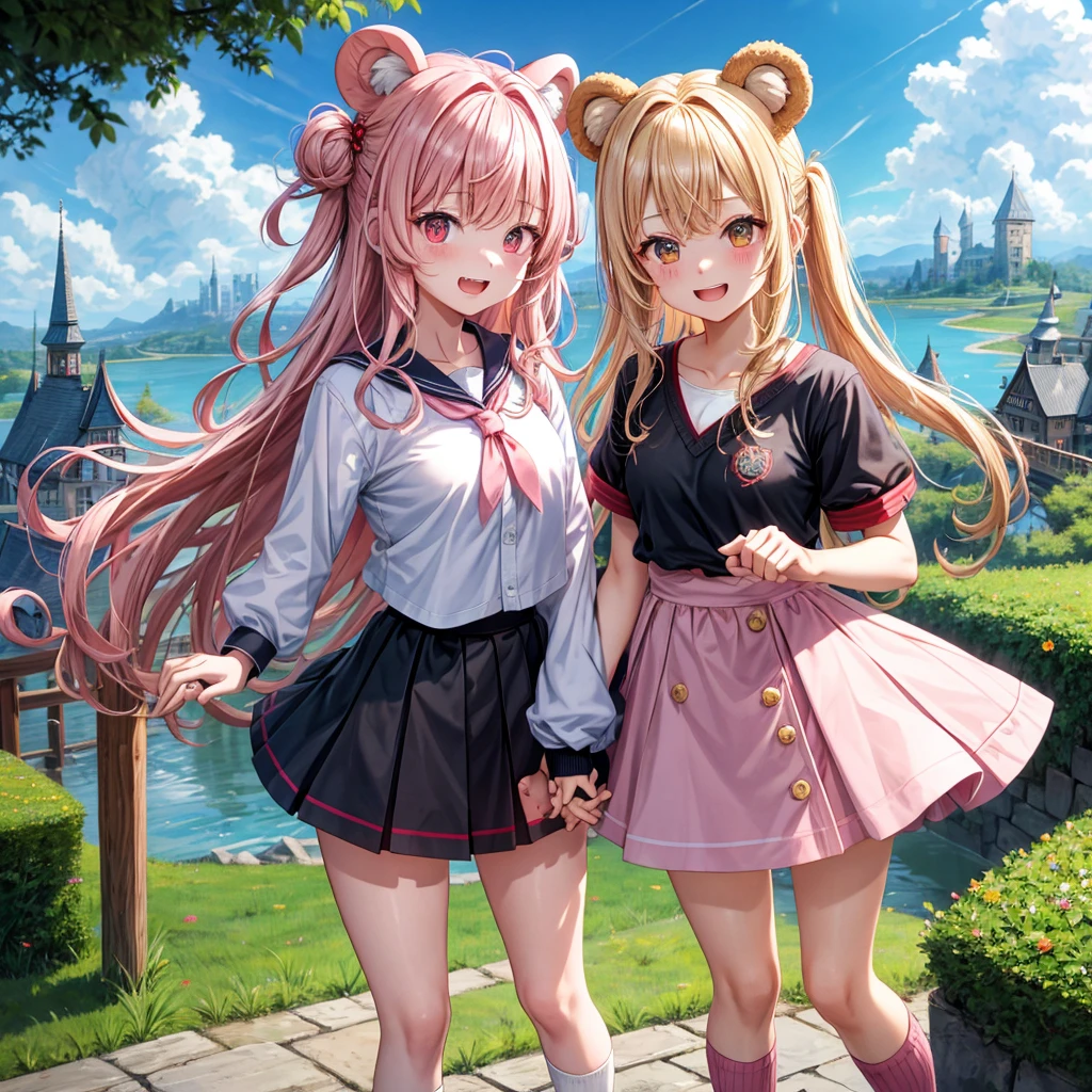 Pink Blonde、Red eyes、Wavy Hair、Hair tied up、Two cute、Checked mini skirt、black t-shirts、cardigan、Knee-high socks、bear ears baseball cap、Teeth are visible、Monster Castle、Tilting face、windmill、grass、Stones are growing out of the ground.、Holding hands with a teddy bear、In front of the city gates、Underground tunnels、Waterway、Wooden bridge