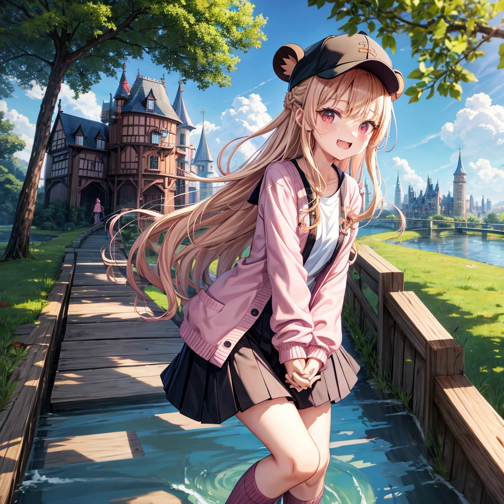 Pink Blonde、Red eyes、Wavy Hair、Hair tied up、Two cute、Checked mini skirt、black t-shirts、cardigan、Knee-high socks、bear ears baseball cap、Teeth are visible、Monster Castle、Tilting face、windmill、grass、Stones are growing out of the ground.、Holding hands with a teddy bear、In front of the city gates、Underground tunnels、Waterway、Wooden bridge