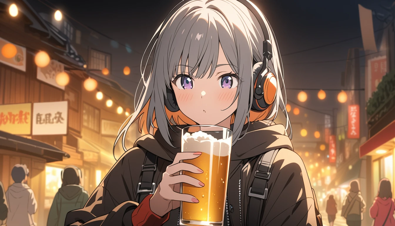 A black-haired anime girl wearing headphones、holding a beer glass on the street, from Girls&#39; Frontline, Girls&#39; Frontline style, Anime drinking energy drink, Girls&#39; Frontline cg, The finer details. Girls&#39; Frontline, Girls&#39; Frontline universe, I&#39;m drinking beer, drinking beer, Girls&#39; Frontline, with a drink, Kantai Collection Style, Best anime 4k konachan wallpaper, beer in hand!!