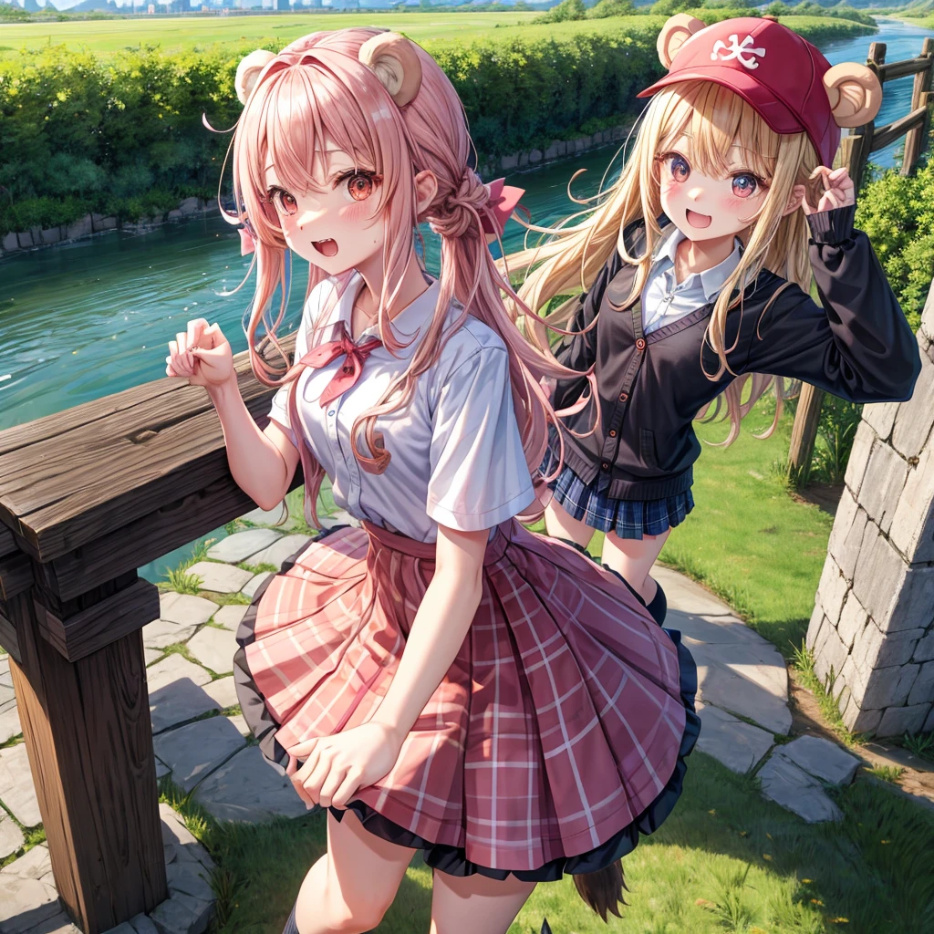 Pink Blonde、Red eyes、Wavy Hair、Hair tied up、Two cute、Checked mini skirt、black t-shirts、cardigan、Knee-high socks、bear ears baseball cap、Teeth are visible、Monster Castle、Tilting face、windmill、grass、Stones are growing out of the ground.、Holding hands with a teddy bear、In front of the city gates、Underground tunnels、Waterway、Wooden bridge