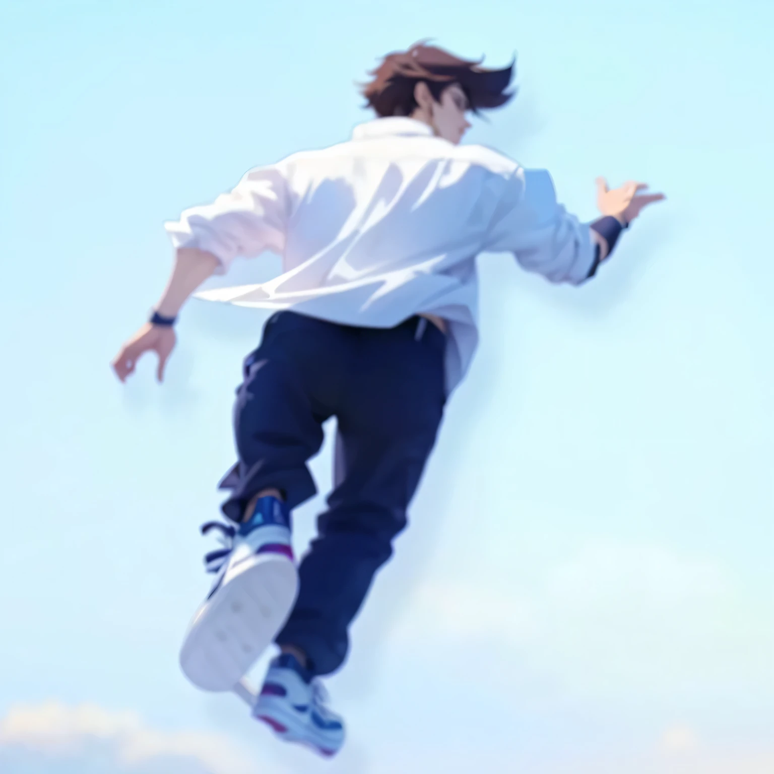 There is a man jumping in the air with a skateboard, Single Boy concept art, Produced in collaboration with Anime Painter Studio, Jumping pose, style of Shinkai Makoto, Shinkai Makoto. Number Rendering, Jump towards the viewer, Shinkai Makoto style, Shinkai Makoto. Octane Rendering, Low Detail. number, in style of Shinkai Makoto