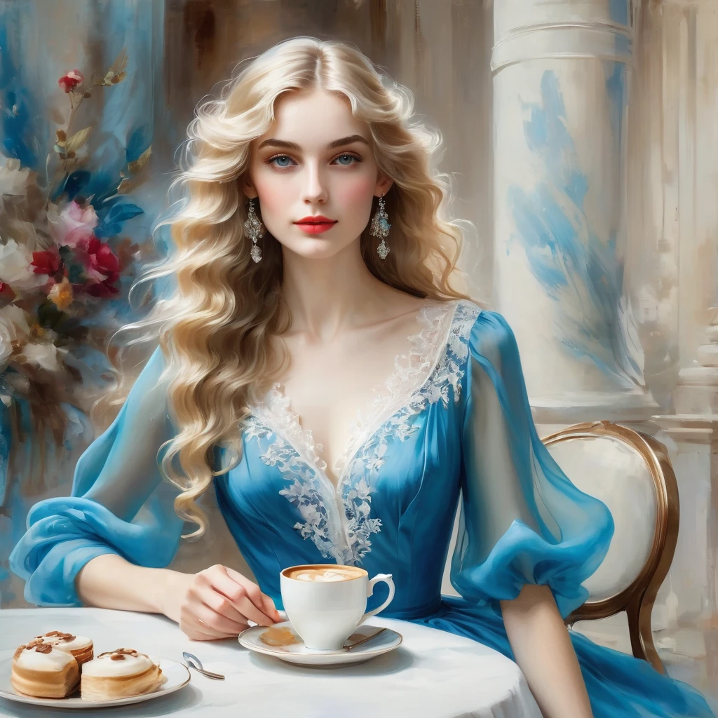 Girl with long wavy blonde hair, brews 1 cup of coffee in a turk, She is wearing a bright azure transparent chiffon dress with white lace, the style of the artist John Singer Sargent, eye contact, 8 K,12K,