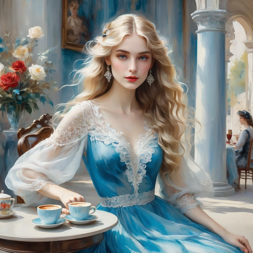 Girl with long wavy blonde hair, brews 1 cup of coffee in a turk, She is wearing a bright azure transparent chiffon dress with white lace, the style of the artist John Singer Sargent, eye contact, 8 K,12K,