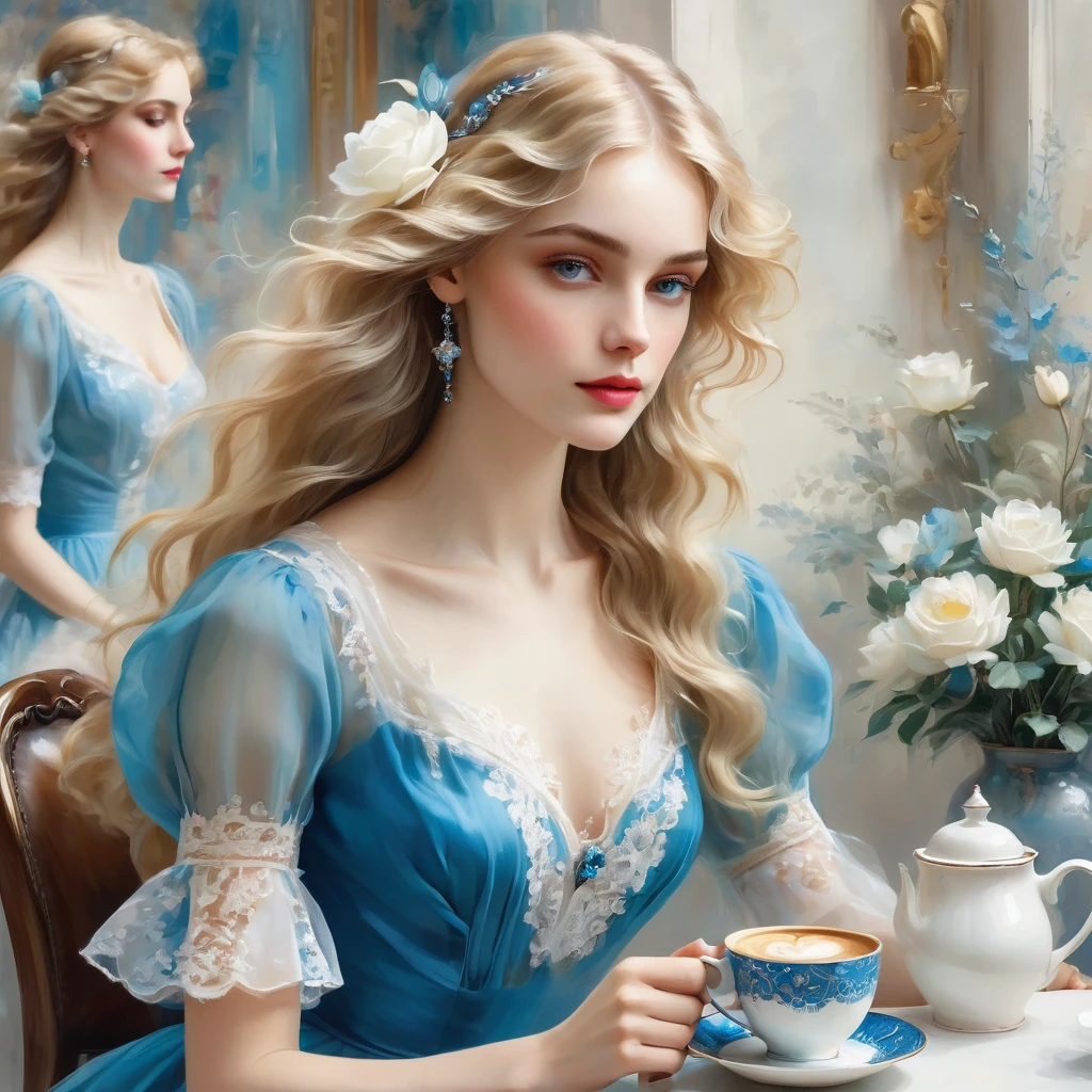 Girl with long wavy blonde hair, brews 1 cup of coffee in a turk, She is wearing a bright azure transparent chiffon dress with white lace, the style of the artist John Singer Sargent, eye contact, 8 K,12K,