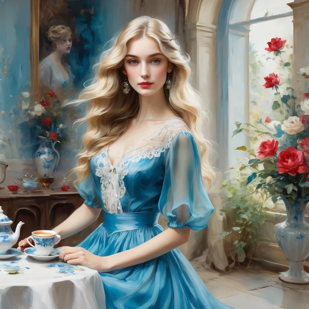 Girl with long wavy blonde hair, brews 1 cup of coffee in a turk, She is wearing a bright azure transparent chiffon dress with white lace, the style of the artist John Singer Sargent, eye contact, 8 K,12K,