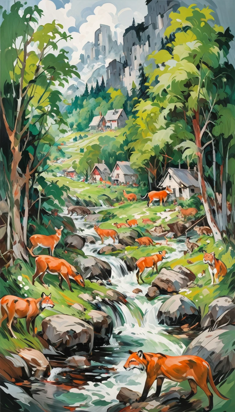 artist by Cecily Brown,inside the village,wild animals,light tones,(smooth strokes),fine sketches,Vivid,Moody,Landscapes,Fantasy,Dark,landscape oil painting, red and green colors