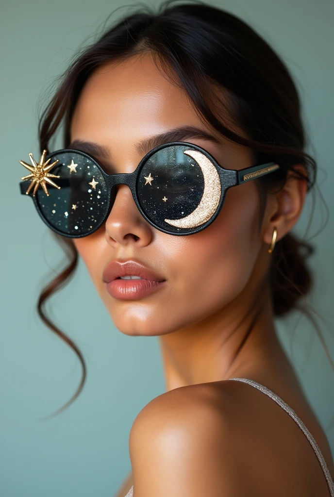 The model is wearing glass sunglasses with stars and the moon on the glass