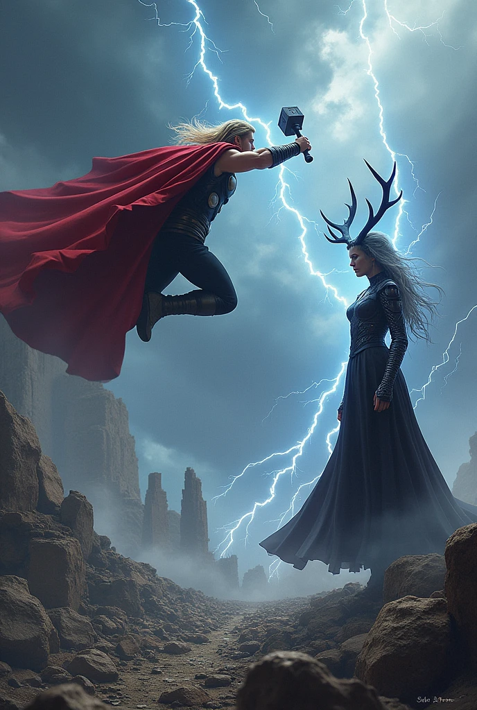 Make a full image of thor and hela, hela is standing and thor is flying an thor is coming to kill hela