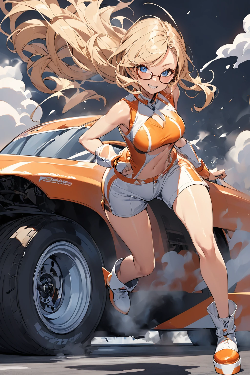 Illustration of a grid girl with very short blond hair and glasses on her blue eyes. The character is wearing a grid girl costume. The costume is a shiny costume based on orange and white, and the sleeveless top is short patterned in orange and white, and the bottoms are tight shorts. They are wearing orange high-heeled boots underfoot. She has an energetic and confident smile on her face.
In the background, a drag racing pickup truck is ejecting large amounts of black smoke from the exhaust pipe. The tire caused the wheel to spin, and white smoke was drifting around it.