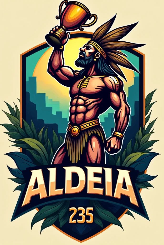 Create a sports logo with the name ALDEIA with an Indian mascot holding a trophy 