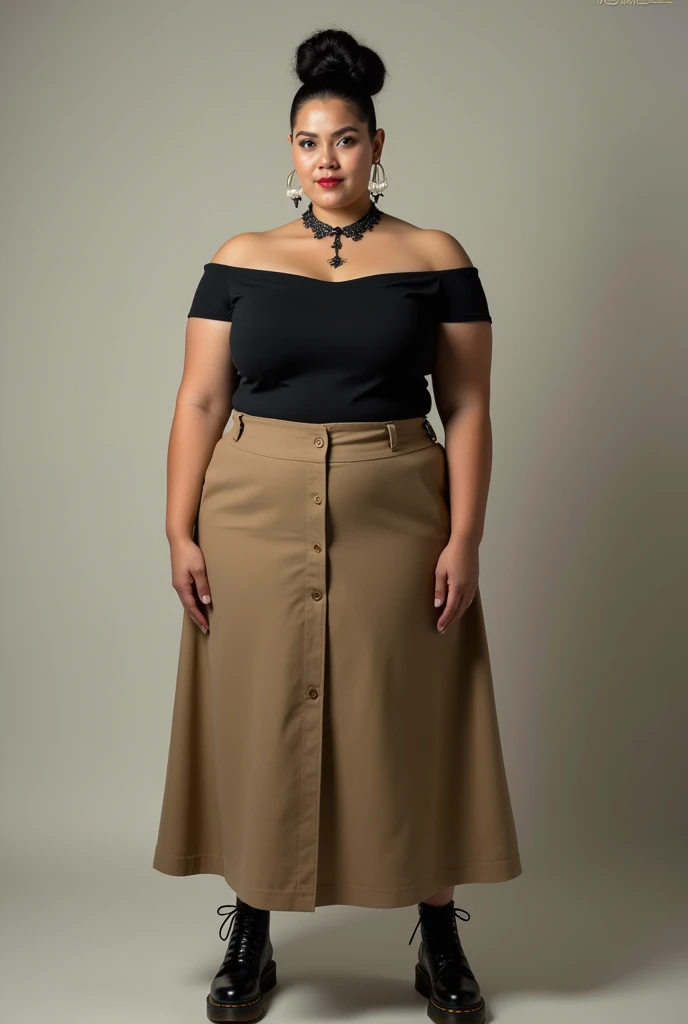 (photorealism:1.2), vintage: black fitted off shoulder not long sleeve, plain kaki below the knee maxi skirt and low cut dr. martins blackshoes, with black rose flower choker, and clean bun hair with pearl earrings, filipino extra large model