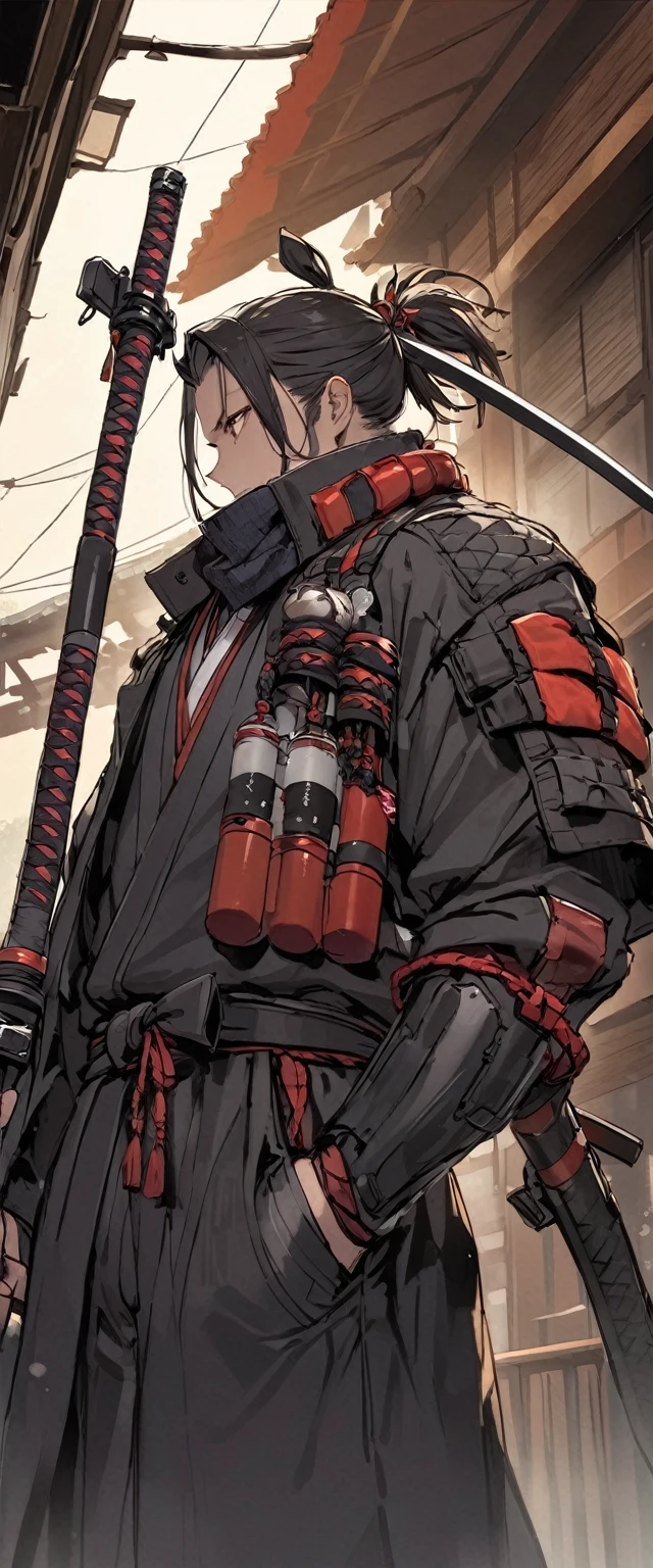 Ronin's outfit made of shiny scarlet silk。A world of thick fog,Standing in a wheat field。Bust Shot。Dark Eyes。clothes are blowing in the wind。Grin。Katana on the waist。Stylish pose。Many small lanterns are floating。Mustache。Beard。Messy long black hair。 A thin young ronin。alone。Spooky atmosphere。Japan。Red Sky。Chiaroscuro,Big black dragon behind。