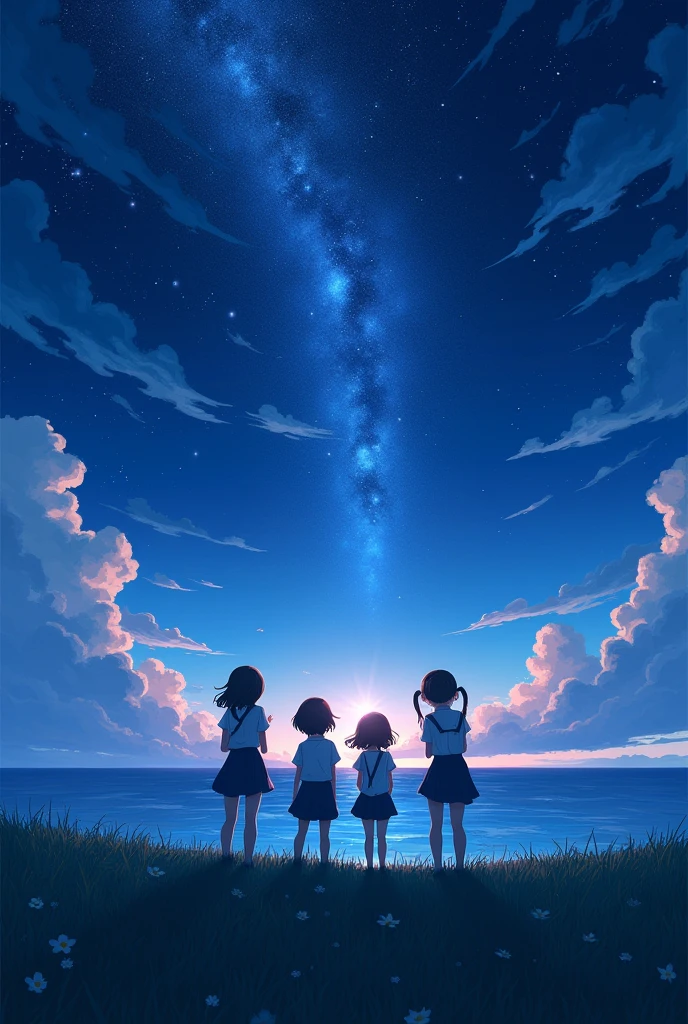 Starry Sky,Little clouds,High school girls,1 person,Looking up, high quality,Fantasy,Grass,night,Ocean,horizontal line