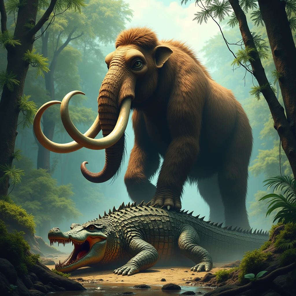Mammouth standing on a dead crocodile that it fought in a forest