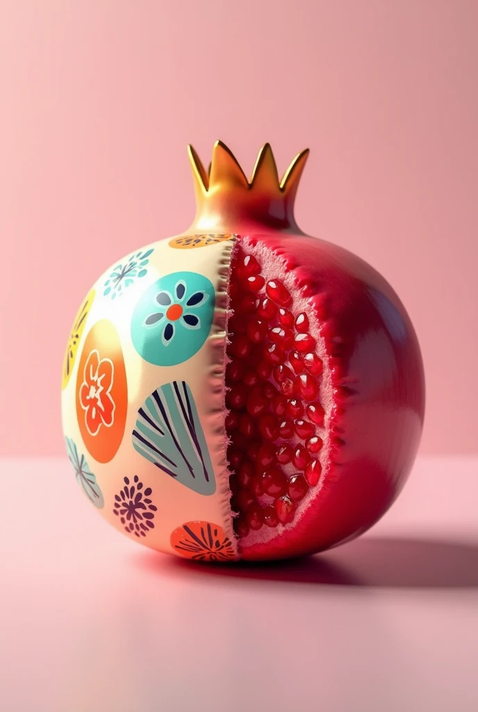 Create a half sweet candy wrapper image, bala) and half a pomegranate fruit