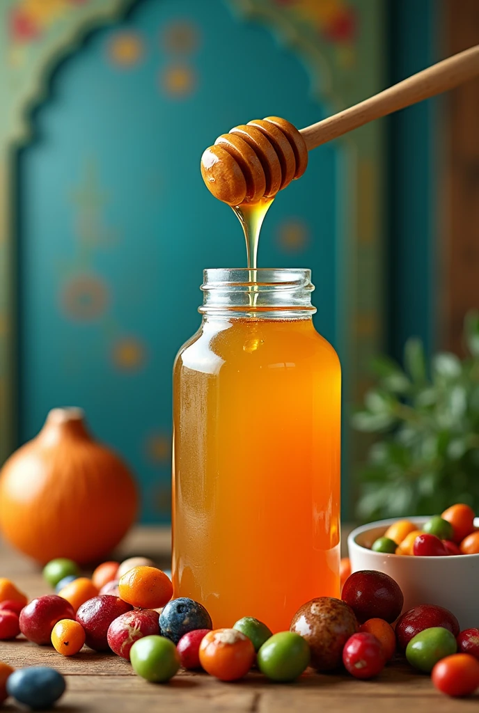 Mixed colourfully red, green, orange, blue Honey Nuts in bottle photo with Islamic background  The honey is drinking attractively from the bottle