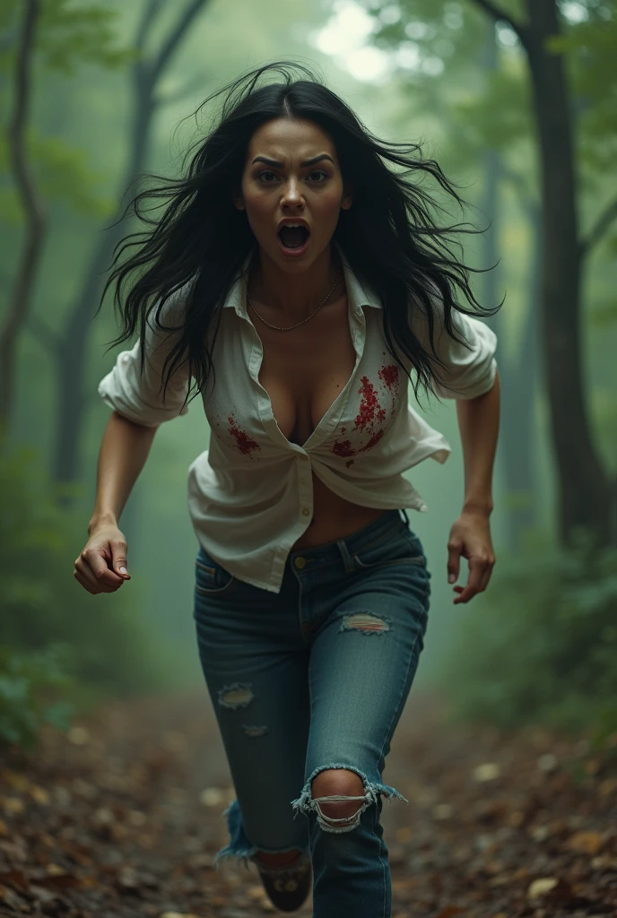 ultra realistic, photography, long black straight hair, messy hair, (30 years old, hazel eyes, hourglass figure, perfect fit body, natural big breasts), femme fatale, she is wearing a very ripped and torn blouse with a plunging neckline, pushed down over her right shoulder, blood is on her blouse, there are bloodstains on her blue jeans, her sneakers are dirty, she is running through the woods, she is screaming in terror, a guy with a devils mask and a big bloody machete is running after her, extreme wide angle