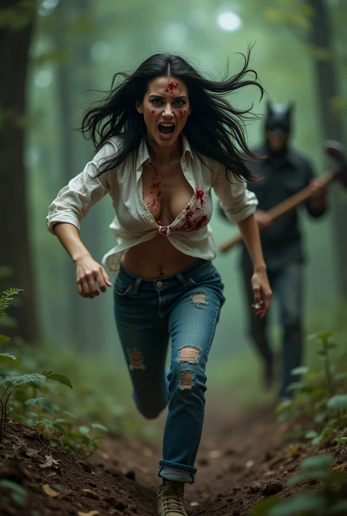 ultra realistic, photography, long black straight hair, messy hair, (30 years old, hazel eyes, hourglass figure, perfect fit body, natural big breasts), femme fatale, she is wearing a very ripped apart and torn white blouse with a plunging neckline, pushed down over her right shoulder, blood is on her blouse, there are bloodstains on her blue jeans, her sneakers are dirty, she gut cuts and scratches all over her, she is sprinting through the woods, she is screaming in absolute terror, she is very afraid, a guy with a devils mask and a big bloody axe is running after her, extreme wide angle, low angle