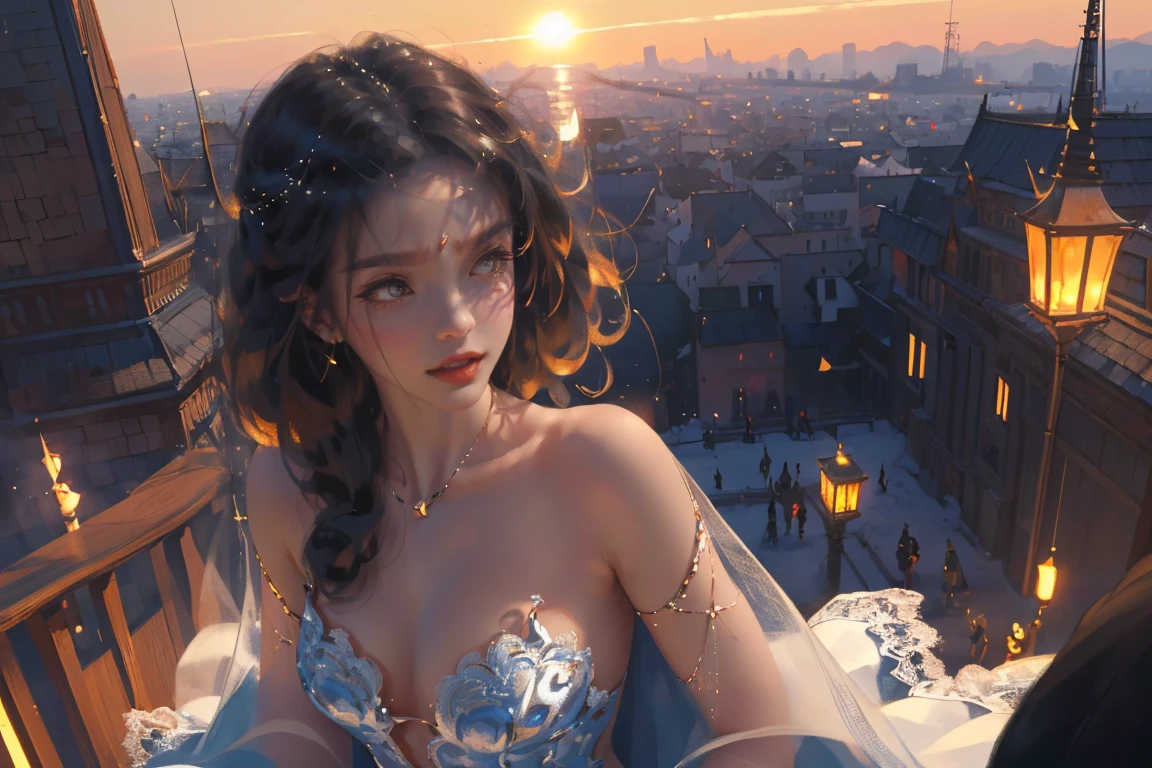 (practical, Photorealistic:1.37), (masterpiece, Highest quality:1.2), (Ultra-high resolution:1.2), (Original photo:1.2), (Clear focus:1.3), (Face Focus:1.2), (Highly detailed CG Unity 8k wallpaper:1.2), (Beautiful Skin: 1.2), (Pale skin:1.3), (Super sharp focus: 1.5), (Super sharp focus:1.5), (Beautiful and clean face:1.3), (非常にDetailed Background, Detailed Background:1.3), Bokeh, Depth of written boundary, rest, Very cute and beautiful white women images, , business suit, (2:1.1), smileの少女の肖像画, Full body image, from the front, Symmetrical Configuration, (Studio Lighting:1.3), (Cinema Lighting:1.3), (Rear window lighting is backlit:1.3), (surface light:1.3), Light Enveloping Her Entire Body, Looking straight at you, Persistence, Sexy model posing, rest, (Chestnut long hair:1.2), Light green eyes, Beautiful Eyes, Princess Eyes, Mahogany Hair, A single hair, bangs, slim, Abdominal muscles, (Huge breasts;1.35), (Willow West:1.15), (Details of a beautiful girl:1.4), (Elegant and gorgeous lace silk black wedding dress:1.3), (BaliOcean view背景:1.2), (smile, happiness:1.3), ((Perfect female body)), (Upper body image:1.3), Encircling the head, Perfect Dramatic, Volumetric lighting, Professional majestic oil painting, Glowing Skin, CT Anatomy, Perfect Proportions, 8.Five Really Small, Face Focus, Ultra practical Photo, Extremely clear images, Ultra-high definition images, Bali, Ocean view, nature, External, ((walking beach:1.2,evening,Sunset,夜空にたくさんのstarが美しく輝いている, 長時間露光されたstar空に、Many circular orbits are visible in the image.,無数のstarが輝き、Shining with a fantastic light. star々is bright and vivid)),