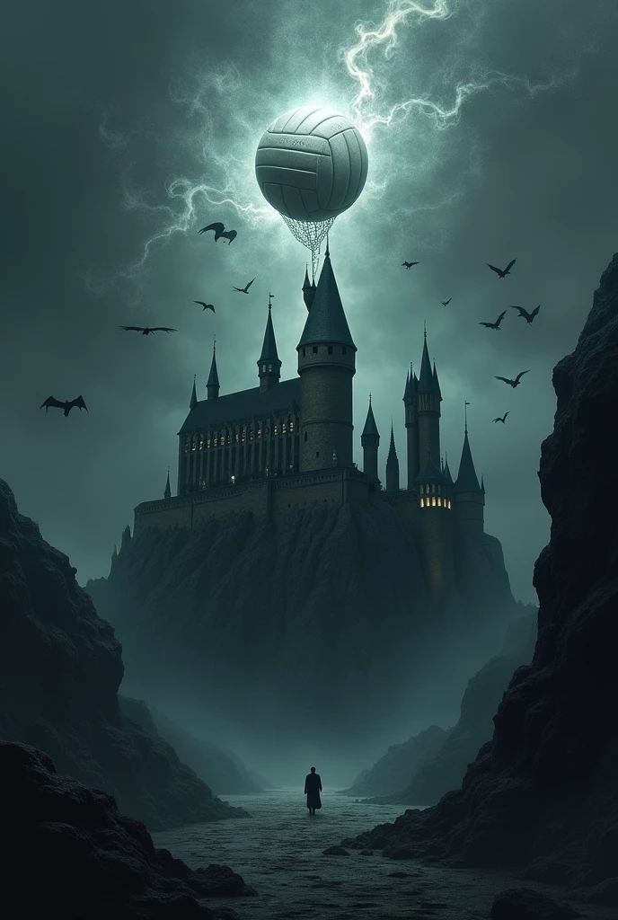 The symbol is supposed to combine the themes of volleyball and Azkaban from Harry Potter. At the center, a dark castle, similar to Azkaban, surrounded by Dementors flying around. The volleyball can be integrated as a glowing sphere above the castle, surrounded by magical chains or smoke, symbolizing the confinement of Azkaban. the color palette should be dark, com tons de preto, gray and dark blue, while the volleyball should shine white or silver, creating a mystical contrast.
The ball has to be a Mikasa volleyball