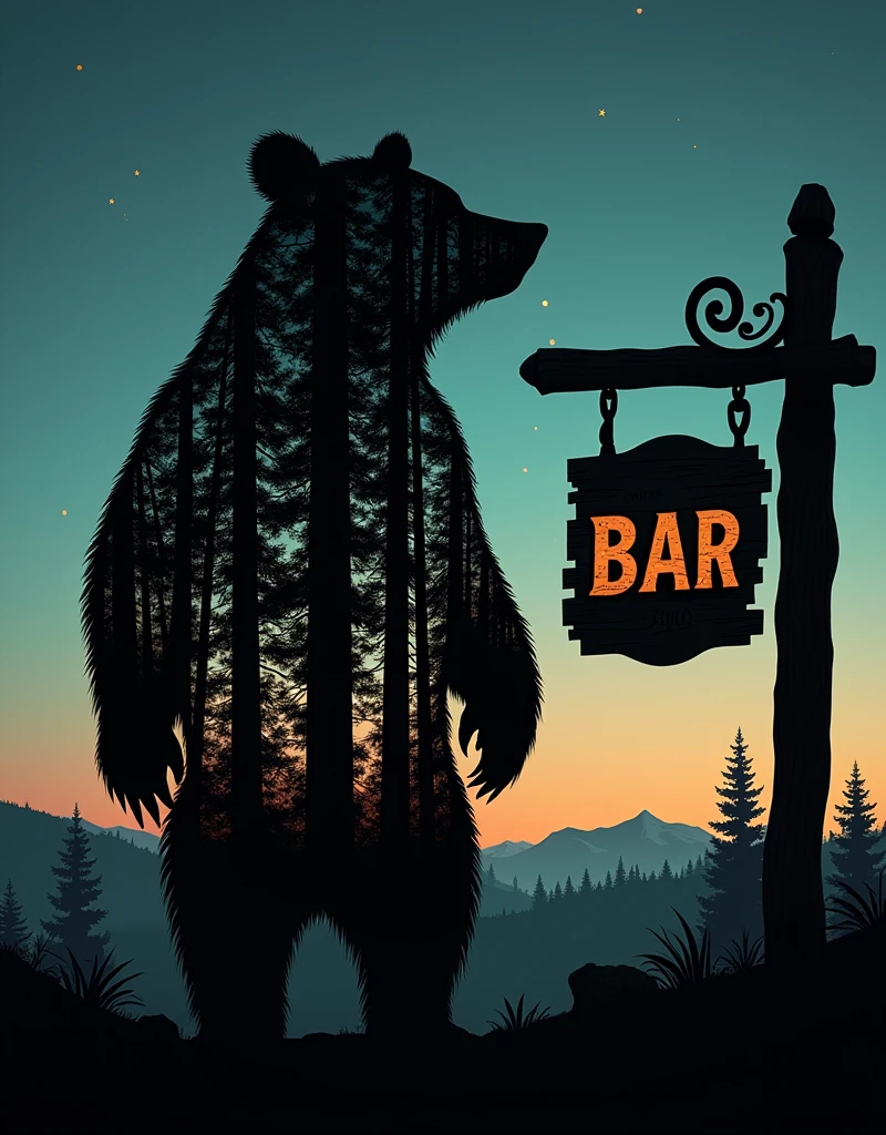 A silhouette of a standing bear filled with an intricate pattern representing a forest filled with dense trees. The image captures a contrast between the dark silhouette and the rich greenery within. Also visible is a rustic wooden bar sign, suspended from a post, containing carved and painted letters. The whole scene is set against a calm twilight background with stars beginning to twinkle in the dusky sky.