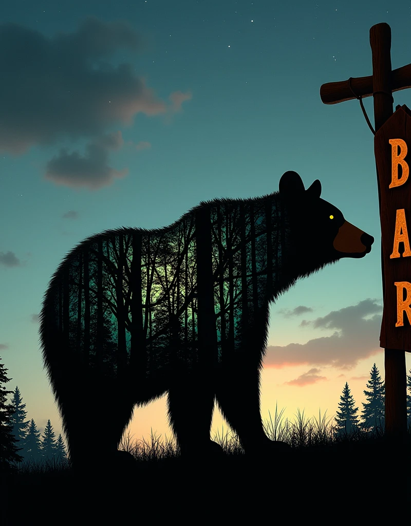A silhouette of a standing bear filled with an intricate pattern representing a forest filled with dense trees. The image captures a contrast between the dark silhouette and the rich greenery within. Also visible is a rustic wooden bar sign, suspended from a post, containing carved and painted letters. The whole scene is set against a calm twilight background with stars beginning to twinkle in the dusky sky.