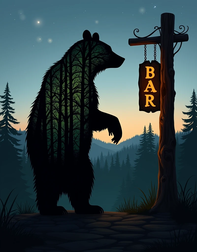 A silhouette of a standing bear filled with an intricate pattern representing a forest filled with dense trees. The image captures a contrast between the dark silhouette and the rich greenery within. Also visible is a rustic wooden bar sign, suspended from a post, containing carved and painted letters. The whole scene is set against a calm twilight background with stars beginning to twinkle in the dusky sky.