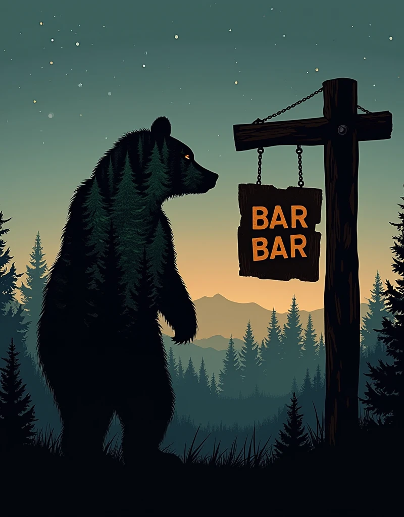 A silhouette of a standing bear filled with an intricate pattern representing a forest filled with dense trees. The image captures a contrast between the dark silhouette and the rich greenery within. Also visible is a rustic wooden bar sign, suspended from a post, containing carved and painted letters. The whole scene is set against a calm twilight background with stars beginning to twinkle in the dusky sky.