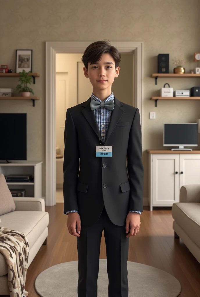 A young man 13 tears old is standing in the center of a living room, facing the camera with a neutral expression and a slight smile. He is dressed in an elegant black suit jacket with a single button and notched lapels, a buttoned blue and white checkered shirt, and a gray bow tie. A blue rectangular label with white text reading 'The Black Tux' hangs from a lanyard around his neck. His right hand dangles relaxed by his side, while his left hand rests on the blazer's button. The room has light beige walls with a subtle damask pattern, creating a warm atmosphere. To the left, there is a beige couch with a concrete-colored throw pillow and a white blanket with a marbled pattern in shades of brown, beige, and black draped over it. A rolled-up piece of fabric, likely carpet or wallpaper, leans against the wall next to the couch. Above the couch, shelves are filled with various items, including books, decorative objects, and small toys. A TV stand with a flat-screen TV, a black speaker, and other electronic devices is visible in the midground. On the right side of the image, an open doorway leads to another room where a white cabinet with two small doors and silver handles is visible. The walls in this adjacent room have a darker damask pattern, and a small mirror hangs above the cabinet. The lighting in the room is soft and even, providing a balanced illumination across the scene without harsh shadows. The overall composition focuses on the young man, who stands on a circular patterned rug, creating a formal yet homey atmosphere in the lived-in living space.