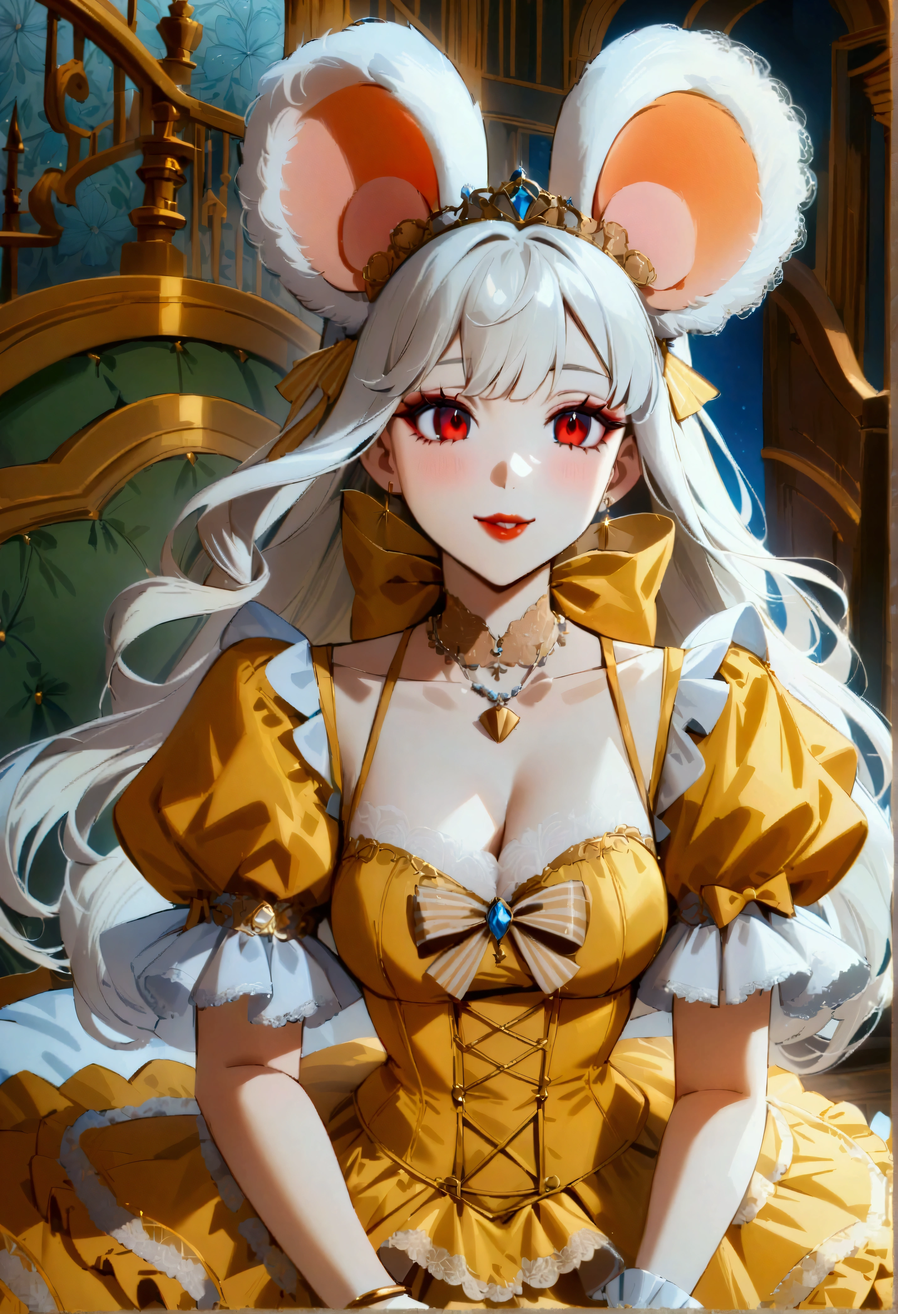 (best quality,4k,8k,highres,masterpiece:1.2), ultra-detailed, Pretty anthropomorphic mouse girl has a princess, drawn in anime style, steampunk, wearing a yellow princess gown with puffy sleeves, steampunk, gorgeous frilly dress design,flowing gown,elaborate lace details,rich textures,contrast stitching,delicate ribbon bows, fish scales pattern accents, flowers embroidery, full skirt,short sleeves,fitted waistline,flared cuffs,lace-up back,luxurious fabrics,flawless silhouette, long curly white hair and red eyes, white fur, smiling, mouse ears and tail, high heels, white elbow gloves, gold bracelets, tiara made of seashells, beautifully detailed lips with lipstick, long eyelashes, eyeshadow, seashell necklace, in a castle bedroom with intricate decoration and luxurious furniture, flower wallpaper, she is happily checking her new princess dress.