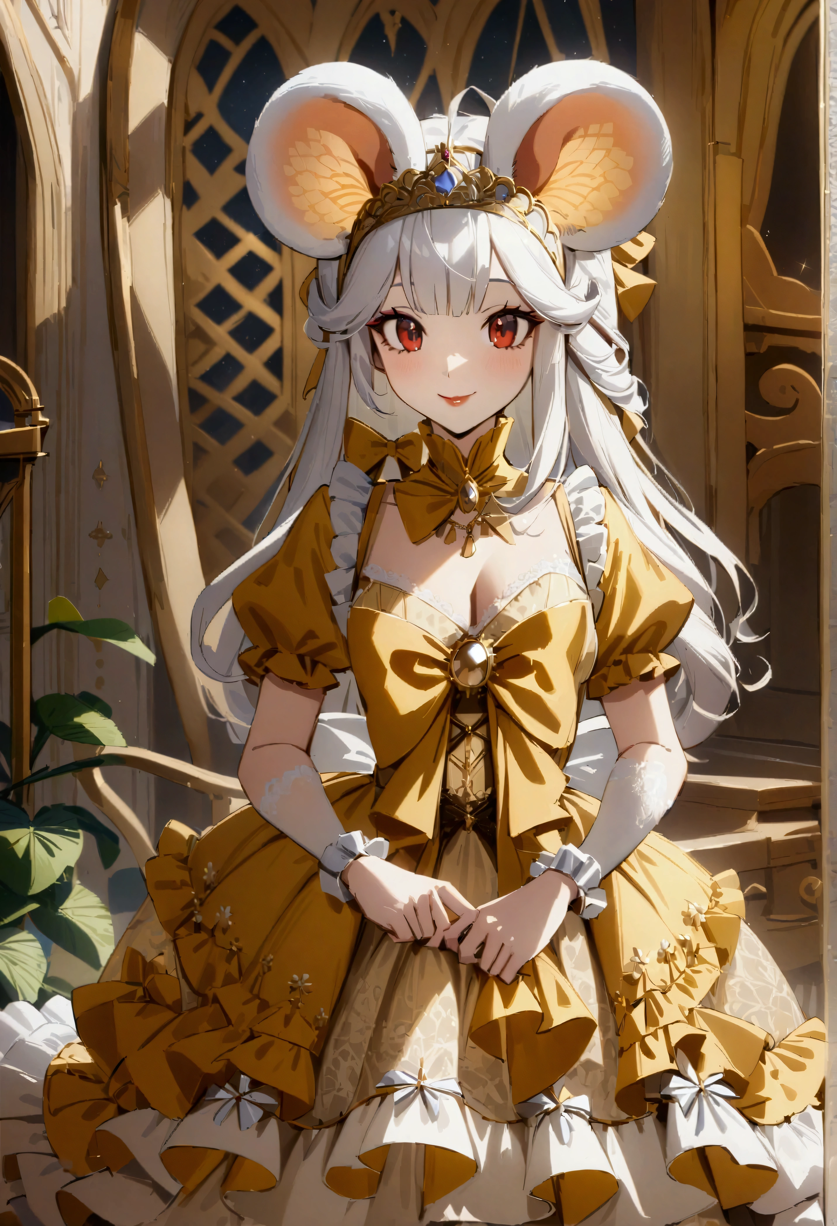 (best quality,4k,8k,highres,masterpiece:1.2), ultra-detailed, Pretty anthropomorphic mouse girl has a princess, drawn in anime style, steampunk, wearing a yellow princess gown with puffy sleeves, steampunk, gorgeous frilly dress design,flowing gown,elaborate lace details,rich textures,contrast stitching,delicate ribbon bows, fish scales pattern accents, flowers embroidery, full skirt,short sleeves,fitted waistline,flared cuffs,lace-up back,luxurious fabrics,flawless silhouette, long curly white hair and red eyes, white fur, smiling, mouse ears and tail, high heels, white elbow gloves, gold bracelets, tiara made of seashells, beautifully detailed lips with lipstick, long eyelashes, eyeshadow, seashell necklace, in a castle bedroom with intricate decoration and luxurious furniture, flower wallpaper, she is happily checking her new princess dress.