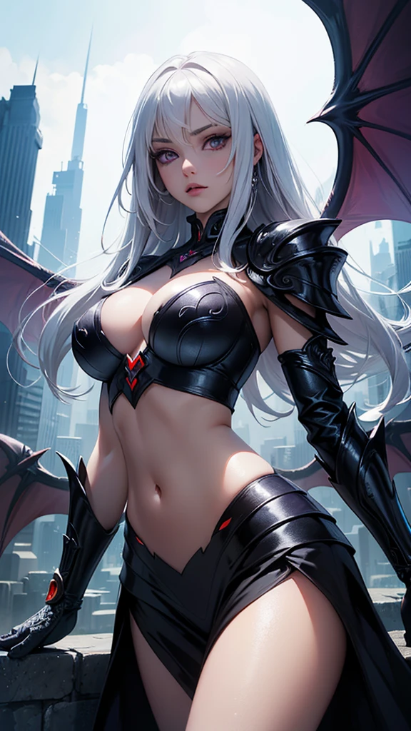 Insanely detailed photograph of a gorgeous vampire woman, goth Renaissance, (long voluminous white hair, floating hair), ((mysterious beautiful face), high detail), detailed purple eyes, (black vampire wings, bat wings, spreading vampire wings so widely), (she is dropping off from dark sky so softly), fantastical, vampire, (wearing a Saint Seiya pegasus armor clothes that is decorated shining dark colorings, sexy midriff, high detail, antitech), ethereal, hyper detailed, 32k resolution, dynamic lighting, hyper detailed, intricately detailed, trending on Artstation, triadic colors, ((futuristic city landscape in the background, intricate detail )), volumetric lighting, BalenciagaStyle, shoot from the best position, closeup face