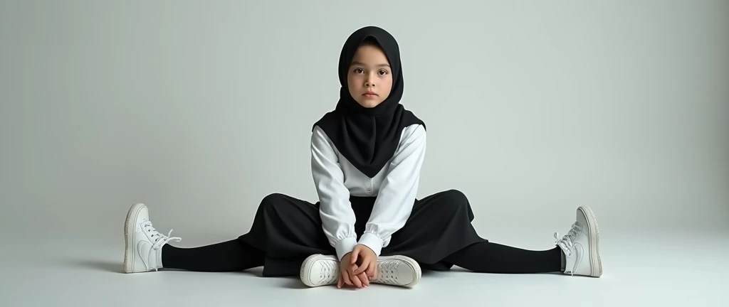 Best quality, masterpiece, ultra high resolution (photorealistic: 1.4), raw photo, 1 girl, European, cute and adorable girl, black hijab, age girl, (school uniform, white shirt, black skirt), ((black socks)), white air force sneakers, in a photo studio, full body view, sitting on floor, spreading her legs apart 