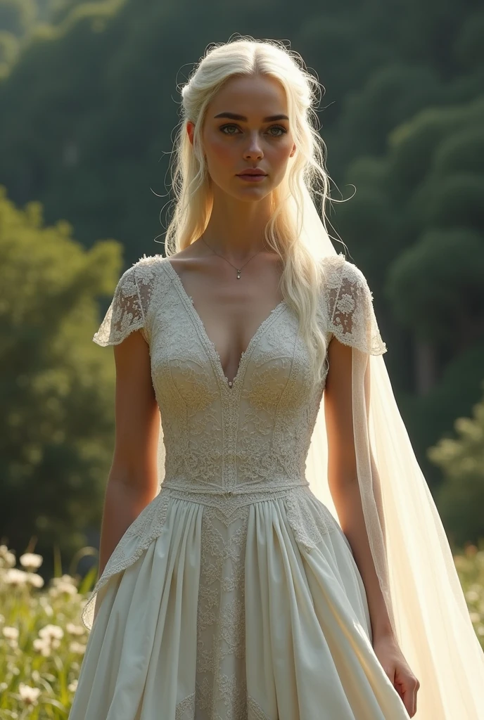Daenerys Targaryen in a wedding dress
She looks emilia Clarke 