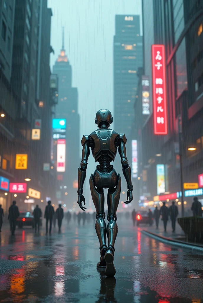 roboT,rain,cyberpunk,city,3d,si fi