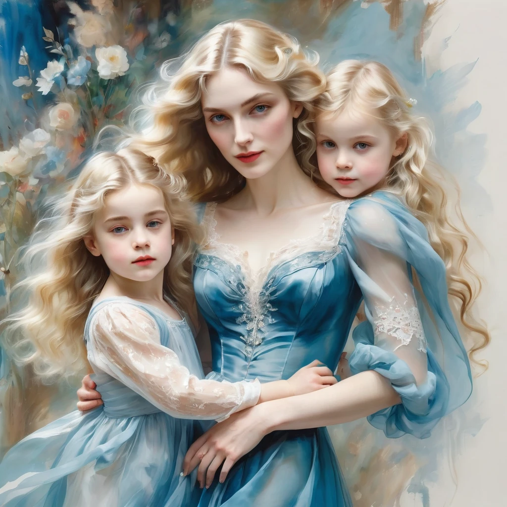 Girl with long wavy blonde hair, holds a small child in his arms ,like madonna , She is wearing an azure transparent chiffon dress with white lace, the style of the artist John Singer Sargent, eye contact, 8 K,12K,