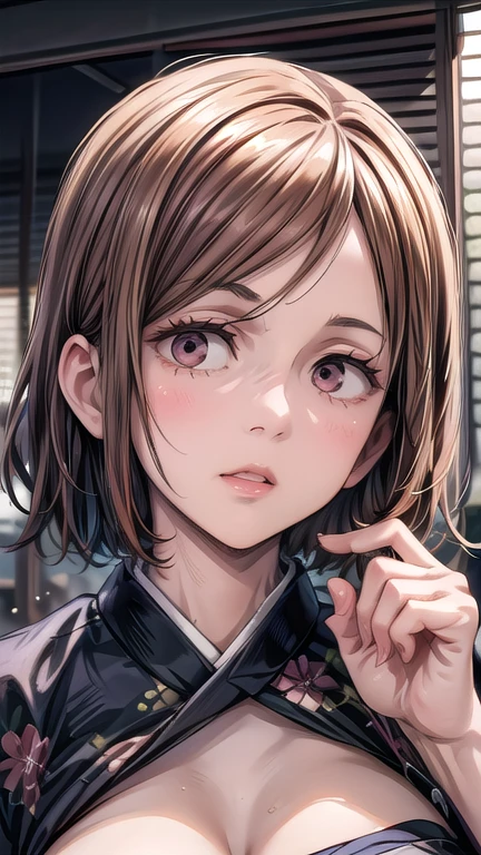 Nobara Kugisaki, beautiful detailed eyes, beautiful detailed lips, extremely detailed face and hair, intricate floral kimono, natural lighting, serene expression, photorealistic, highly detailed, masterpiece, cinematic composition, warm color tones, dynamic pose, jujutsu sorcery, fantasy art style, body complete